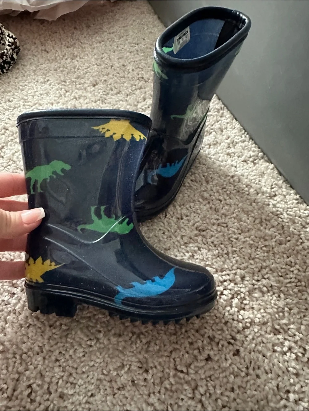 Kids Navy Rain Boots with Colorful Dinosaurs